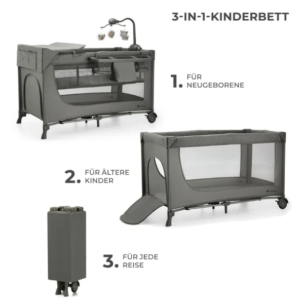 Kinderreisebett mit Zubehör JOY2 3in1 - Dunkelgrau – Bild 3